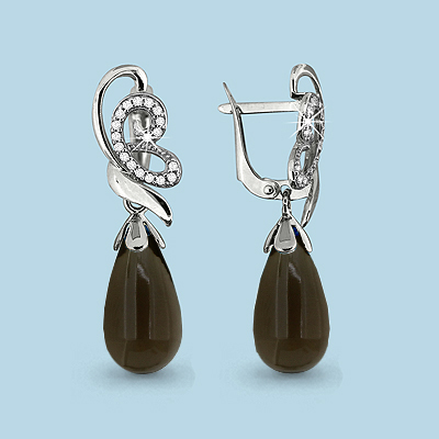 4427101А Серьги из Серебра с кварцами дымчатыми, фианитами