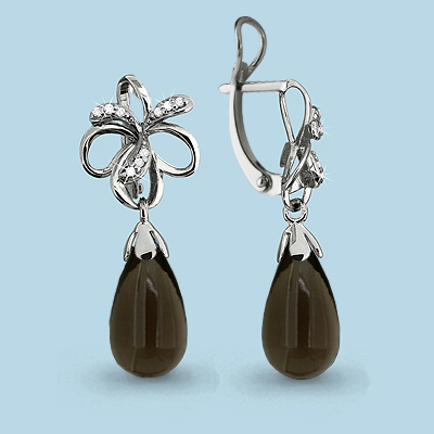 4426101А Серьги из Серебра с кварцами дымчатыми, фианитами