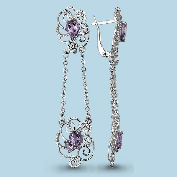 4445404А Серьги из Серебра с аметистами, фианитами