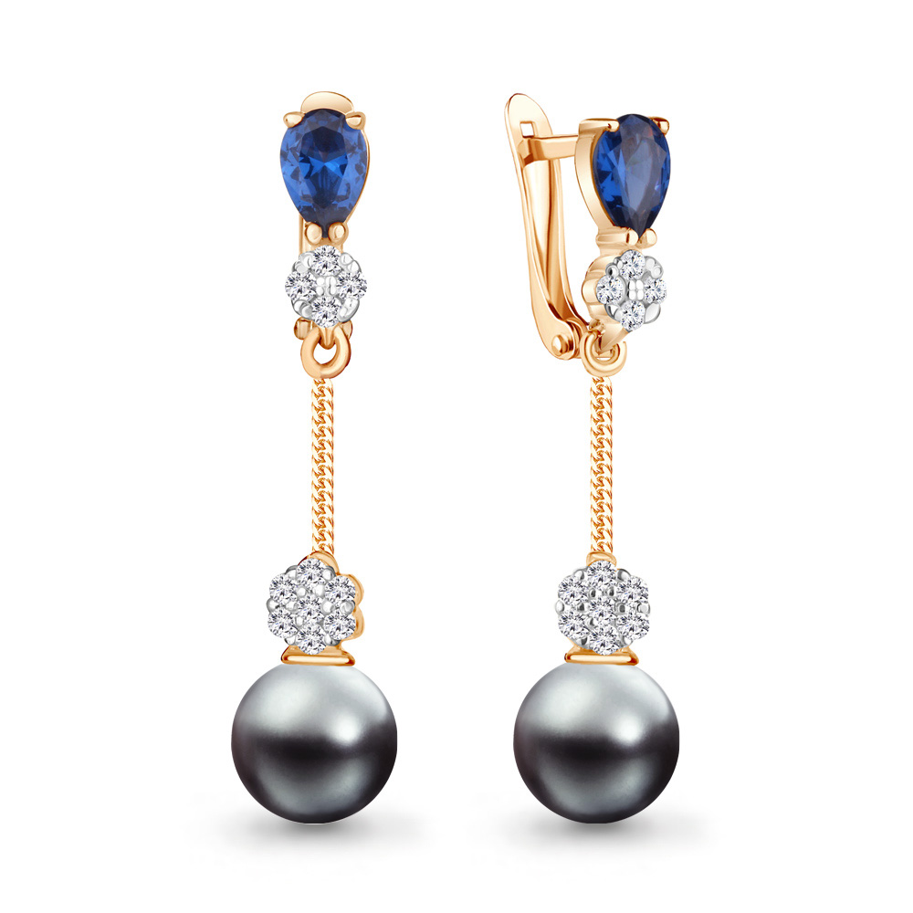 48935ЯБ Серьги из Золота с имитациями жемчуга, наносапфирами, фианитами
