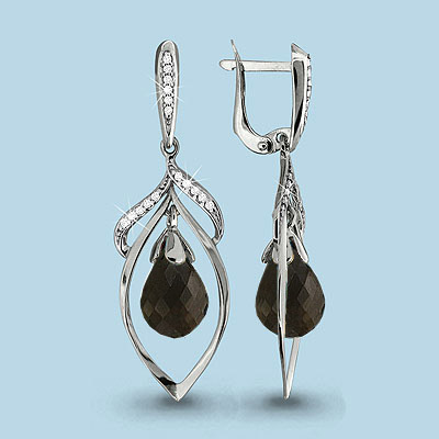 4425801А Серьги из Серебра с кварцами дымчатыми, фианитами
