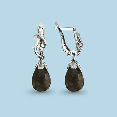4425501А Серьги из Серебра с кварцами дымчатыми, фианитами