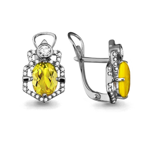 4456011А Серьги из Серебра с кварцами лимонными, фианитами