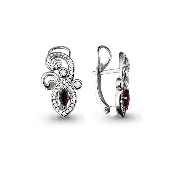 4458003А Серьги из Серебра с гранатами, фианитами