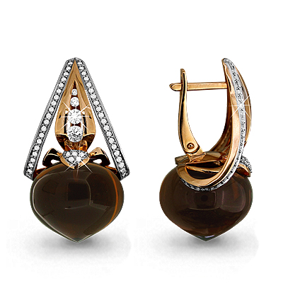 4417614 Серьги из Золота с кварцами коньячными, фианитами