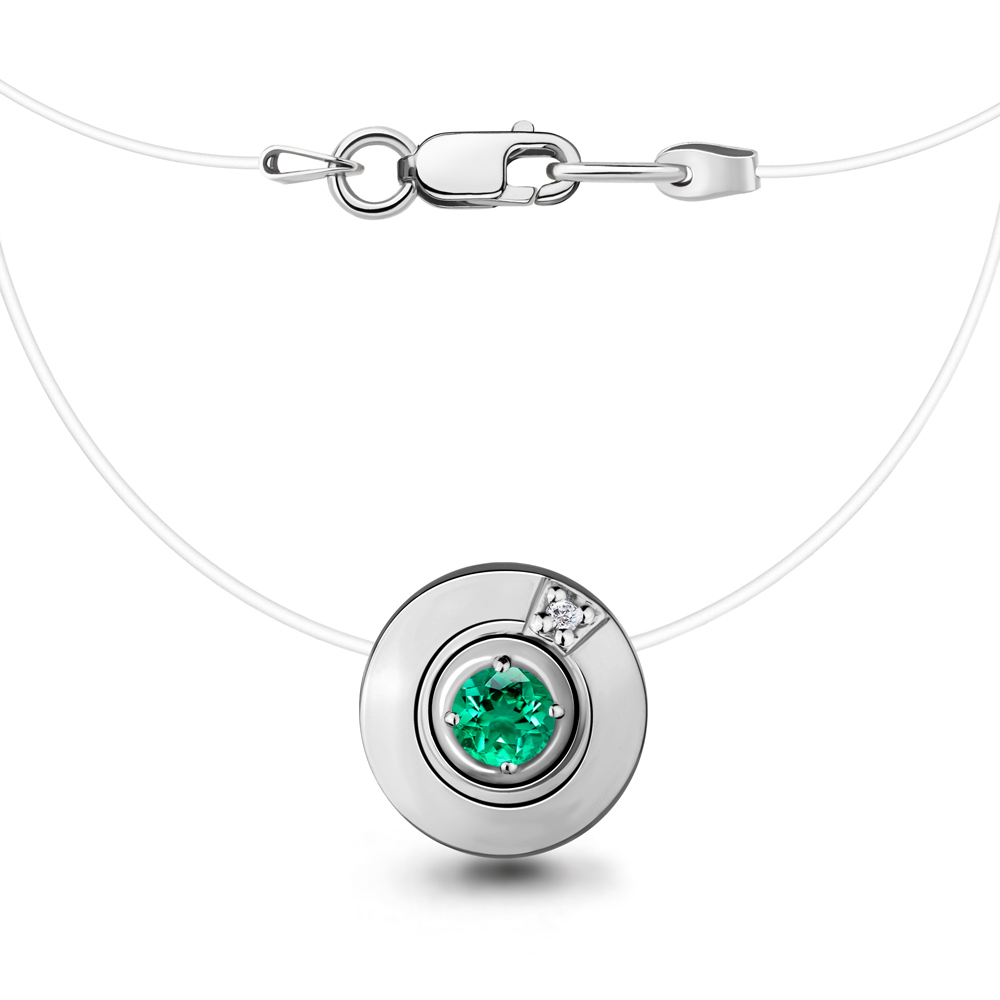 0700445 Колье из Серебра с бриллиантом, изумрудом гт, леской