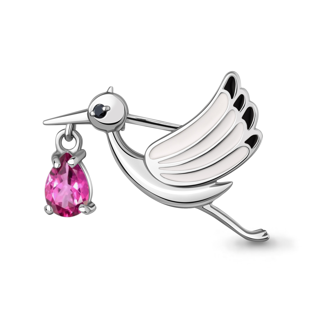 070095540Ч Брошь из Серебра с бриллиантом, топазом розовым, эмалью