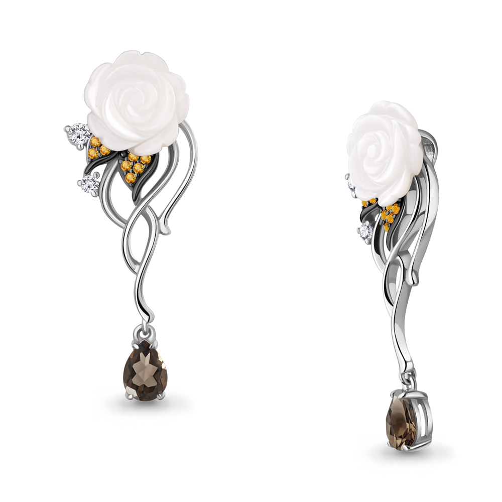 2477401АВЕ Подвеска из Серебра с кварцем дымчатым, наноцитриным, поделочным камнем, фианитами