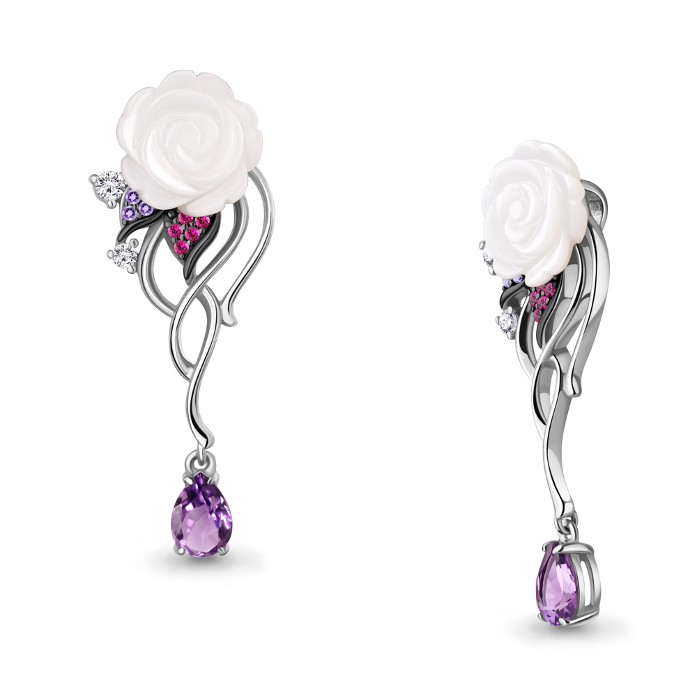 2477404АВД Подвеска из Серебра с аметистом, корундами иск., поделочным камнем, фианитами