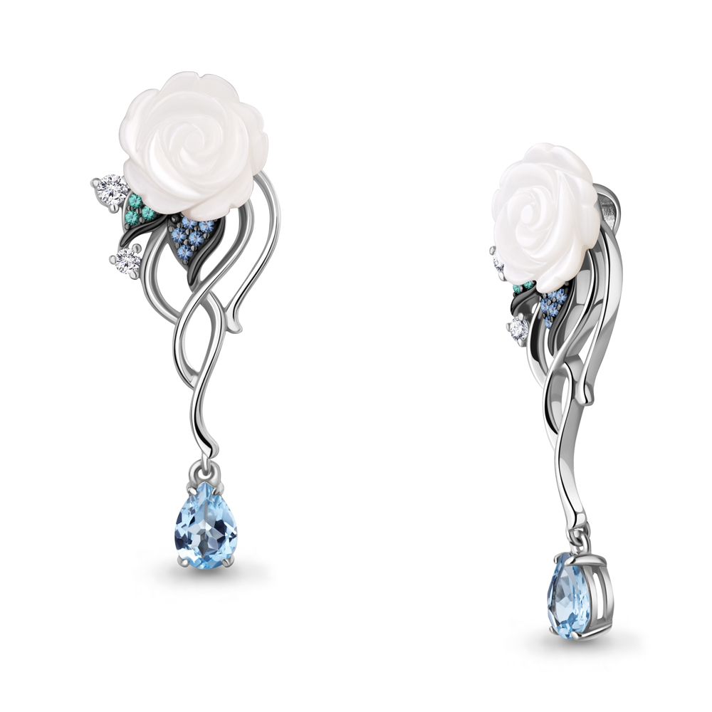 2477405АБГ Подвеска из Серебра с наносапфирами, поделочным камнем, топазом свисс блю, фианитами