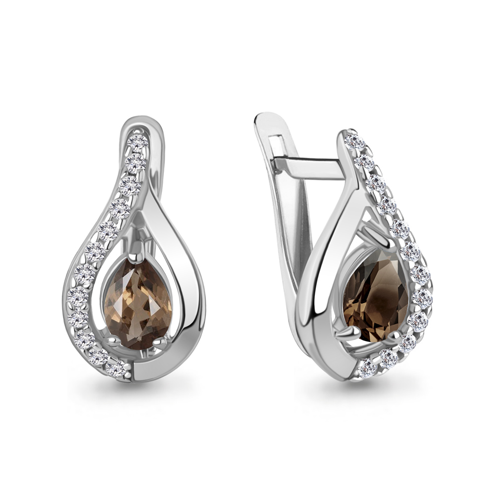 40009801А Серьги из Серебра с кварцами дымчатыми, фианитами