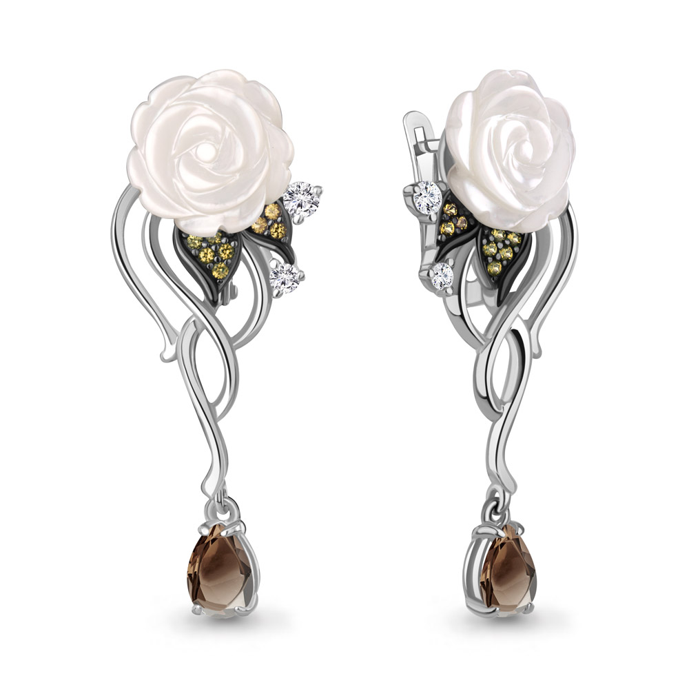 40054601АВЕ Серьги из Серебра с кварцами дымчатыми, наноцитриным, поделочными камнями, фианитами