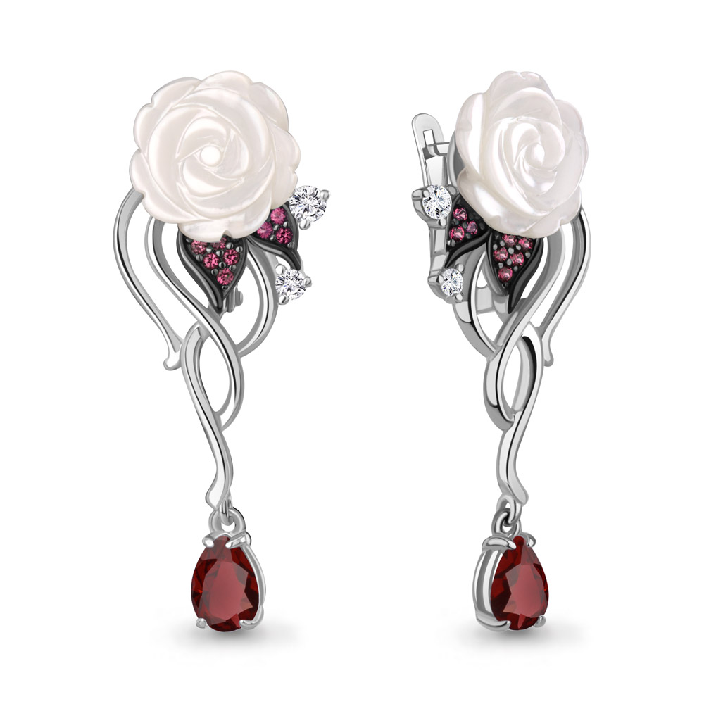 40054603АВ Серьги из Серебра с гранатами, корундами иск., поделочными камнями, фианитами