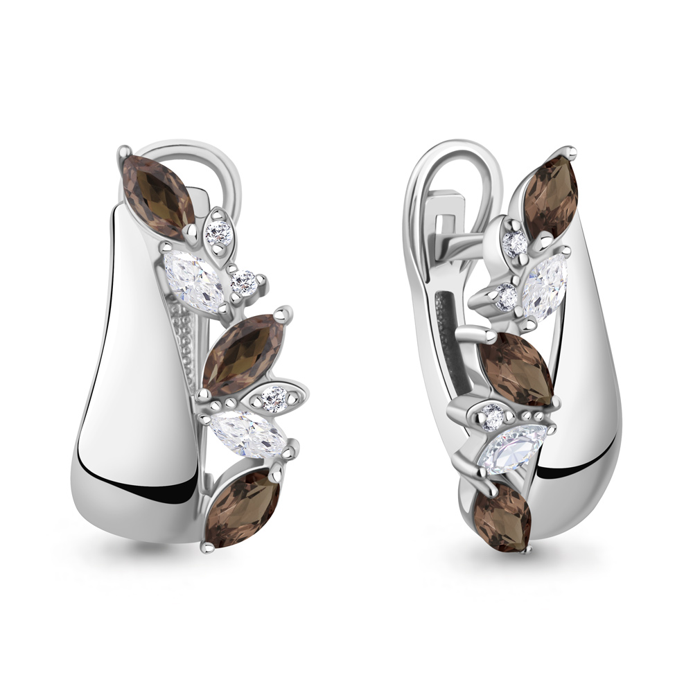 40054801А Серьги из Серебра с кварцами дымчатыми, фианитами
