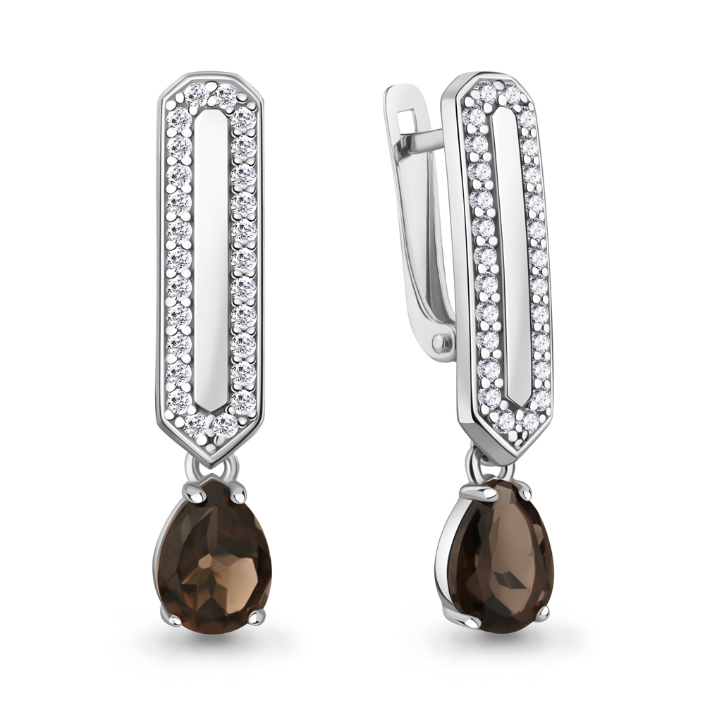 40055401А Серьги из Серебра с кварцами дымчатыми, фианитами