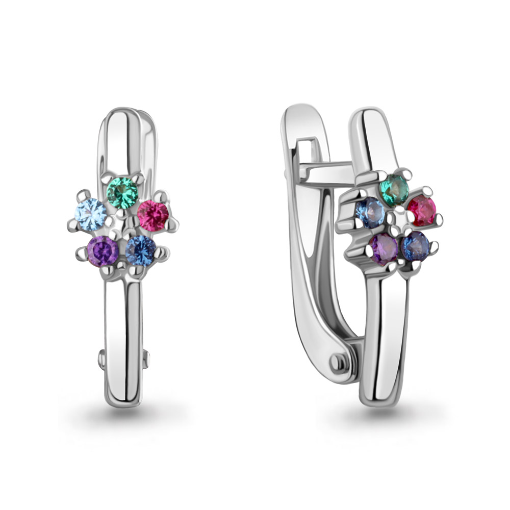 400557БВГД Серьги из Серебра с корундами иск., наноизумрудами, нанокристаллами, наносапфирами, фианитами