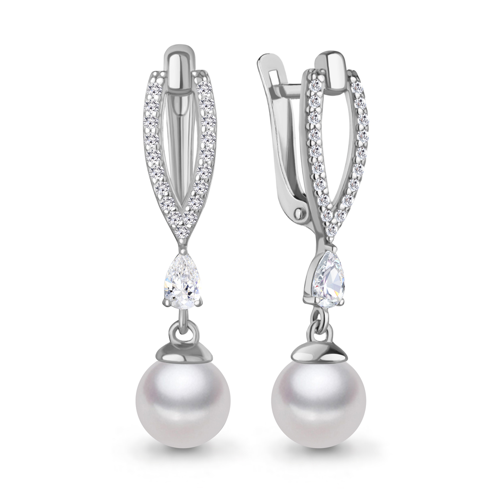 400650А Серьги из Серебра с имитациями жемчуга, фианитами