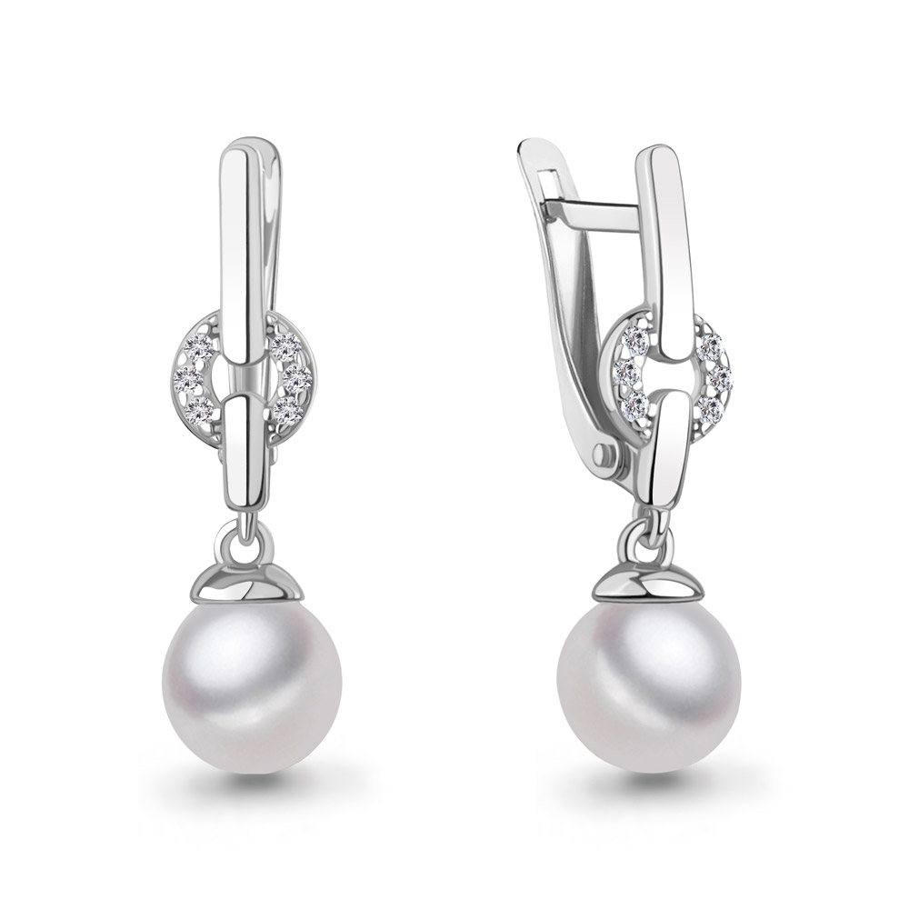 400651А Серьги из Серебра с имитациями жемчуга, фианитами