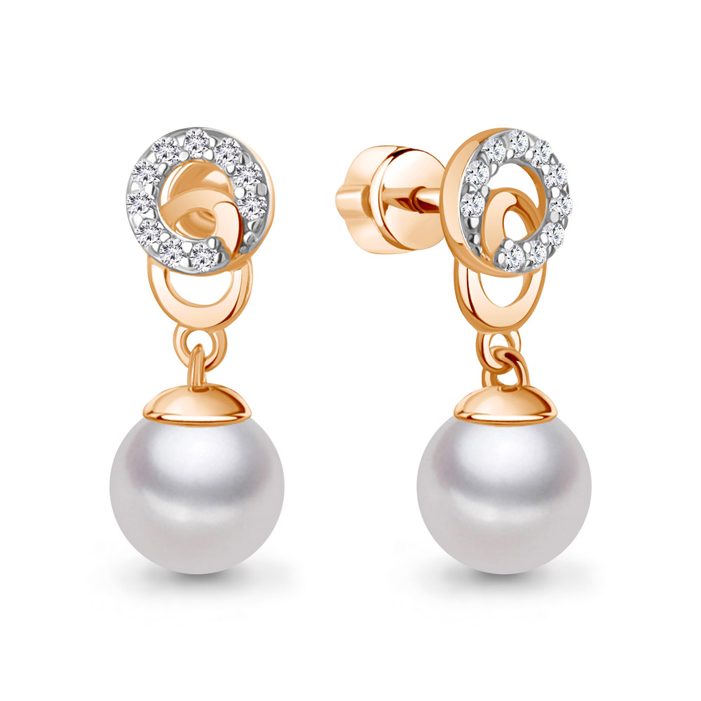 400653А Серьги из Золота с имитациями жемчуга, фианитами