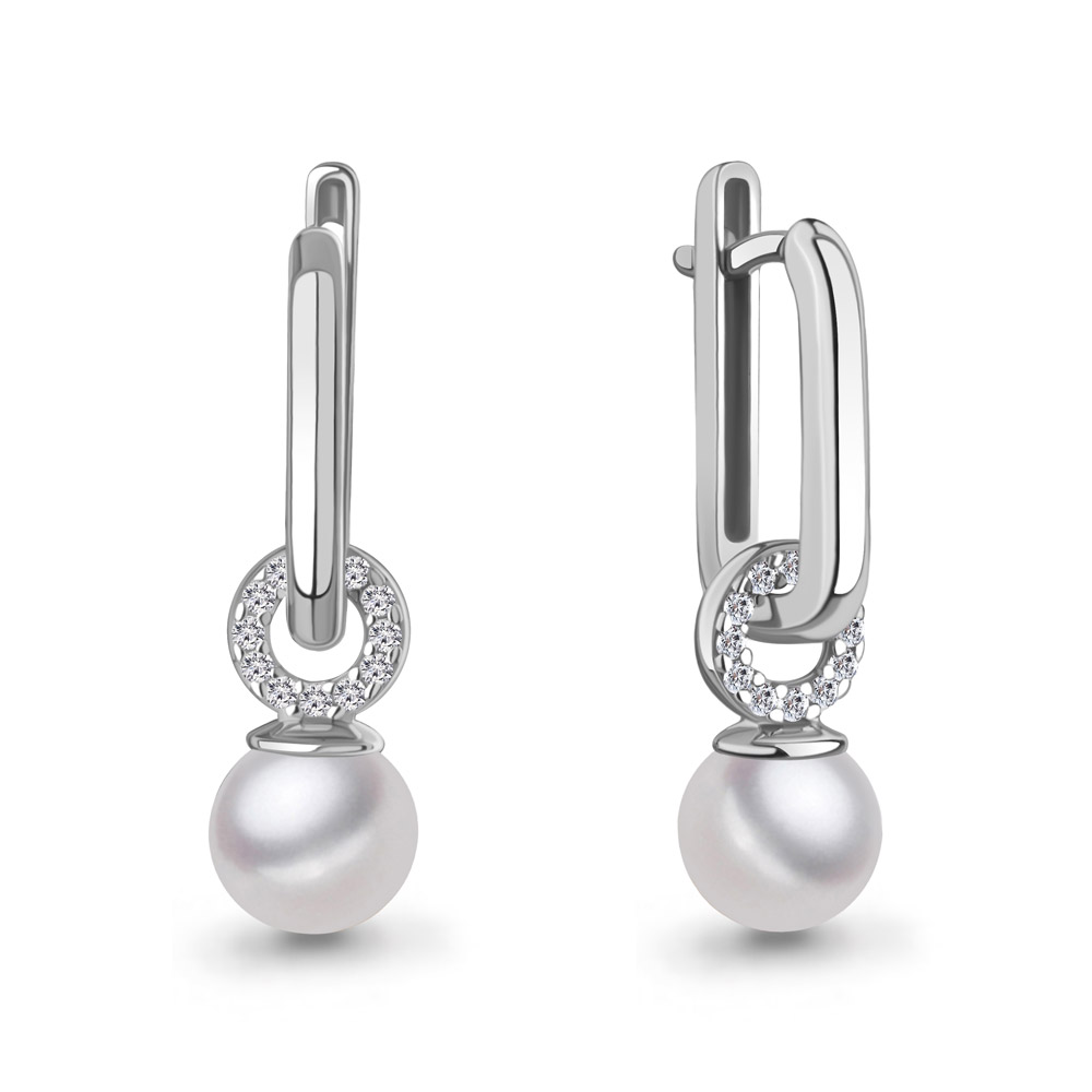 400654А Серьги из Серебра с имитациями жемчуга, фианитами