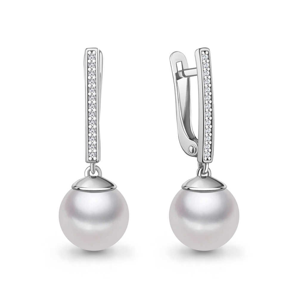 400689А Серьги из Серебра с фианитами, хрустальным жемчугом