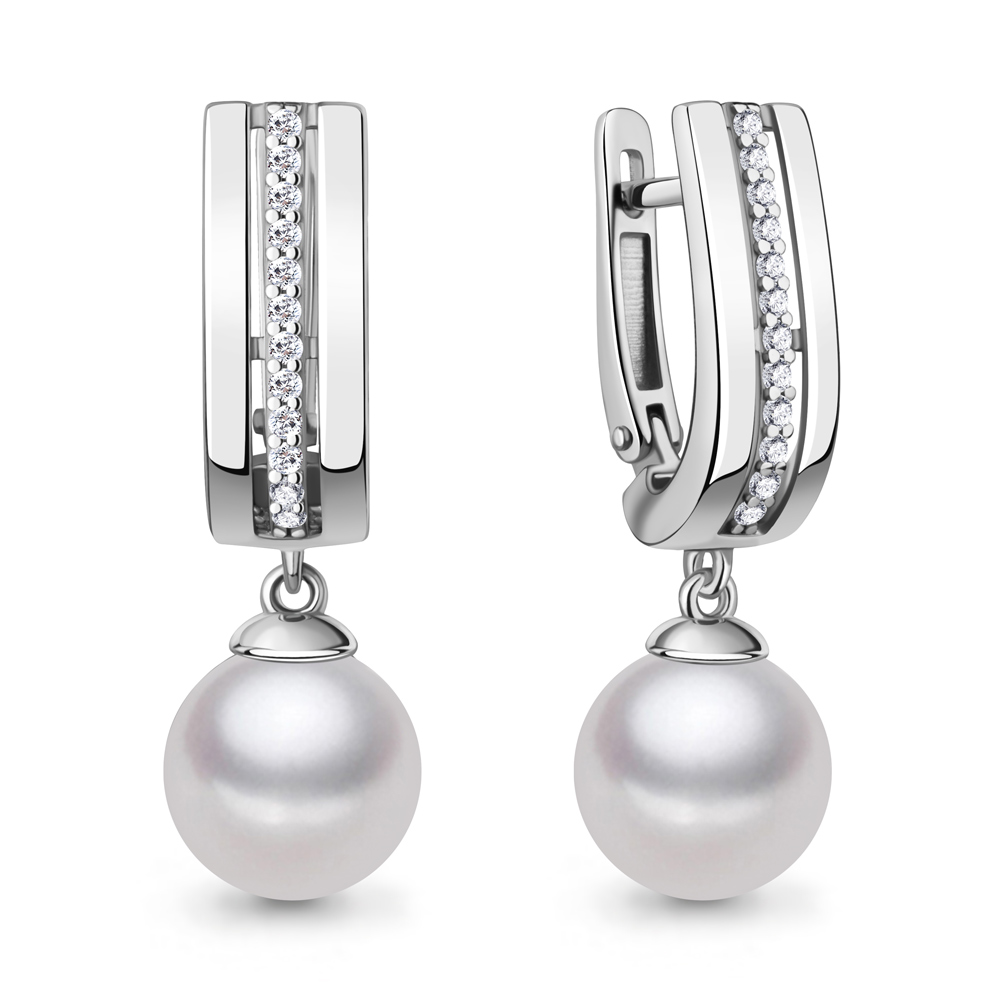 400708А Серьги из Серебра с фианитами, хрустальным жемчугом