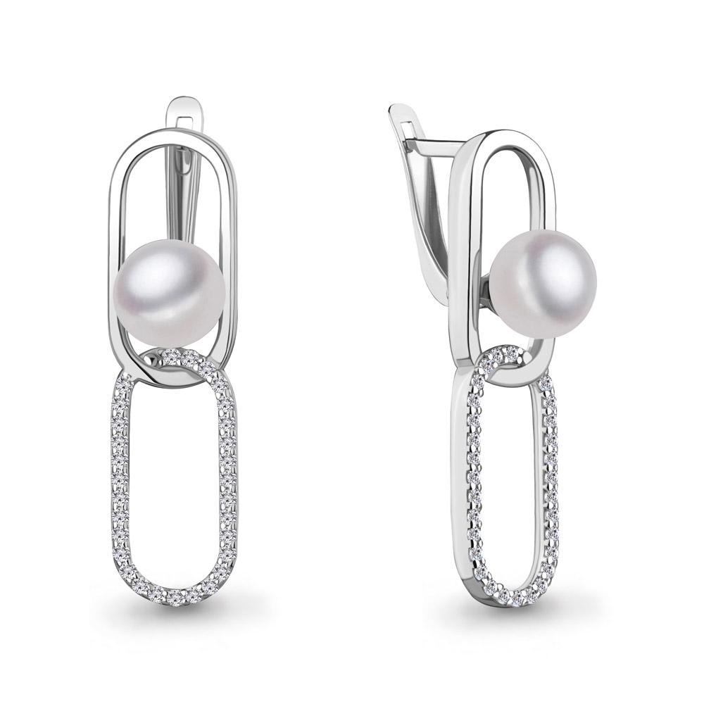 400721А Серьги из Серебра с имитациями жемчуга, фианитами