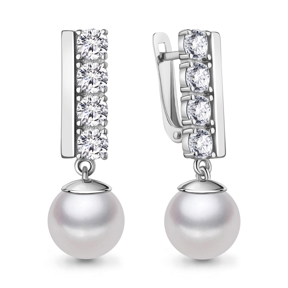 400722А Серьги из Серебра с фианитами, хрустальным жемчугом