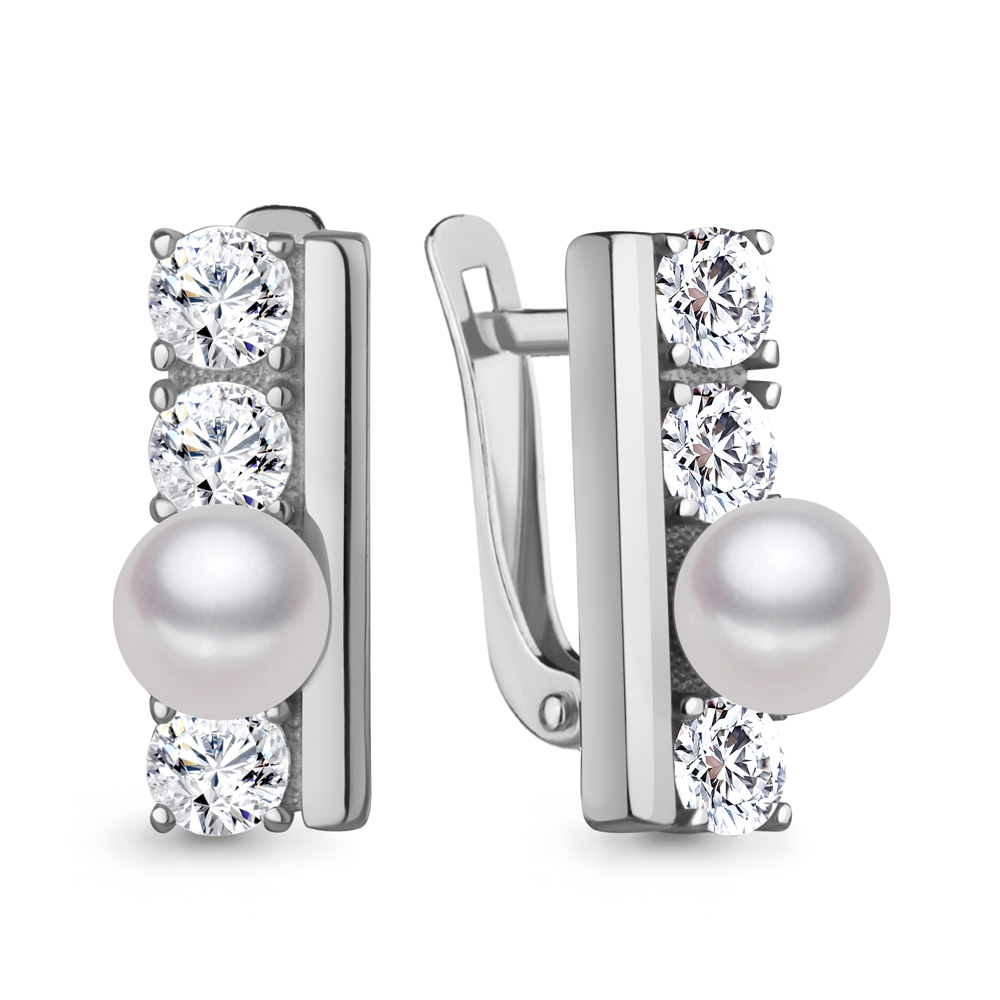 400723А Серьги из Серебра с имитациями жемчуга, фианитами