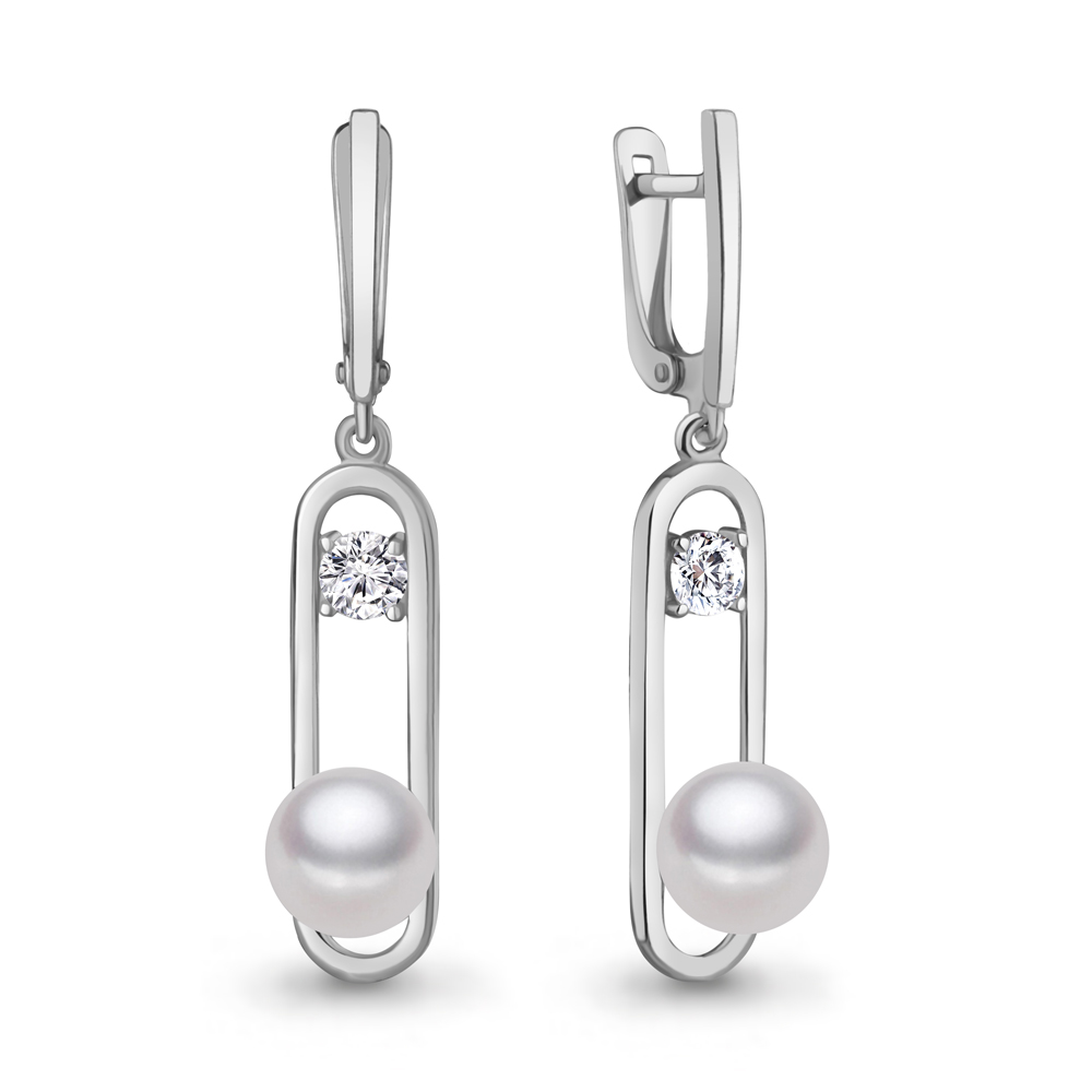 400724А Серьги из Серебра с имитациями жемчуга, фианитами