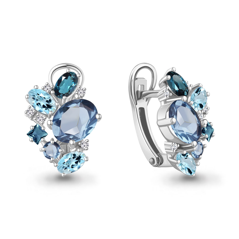 40075566А Серьги из Серебра с топазами лондон блю, топазами свисс блю, топазами скай блю, фианитами