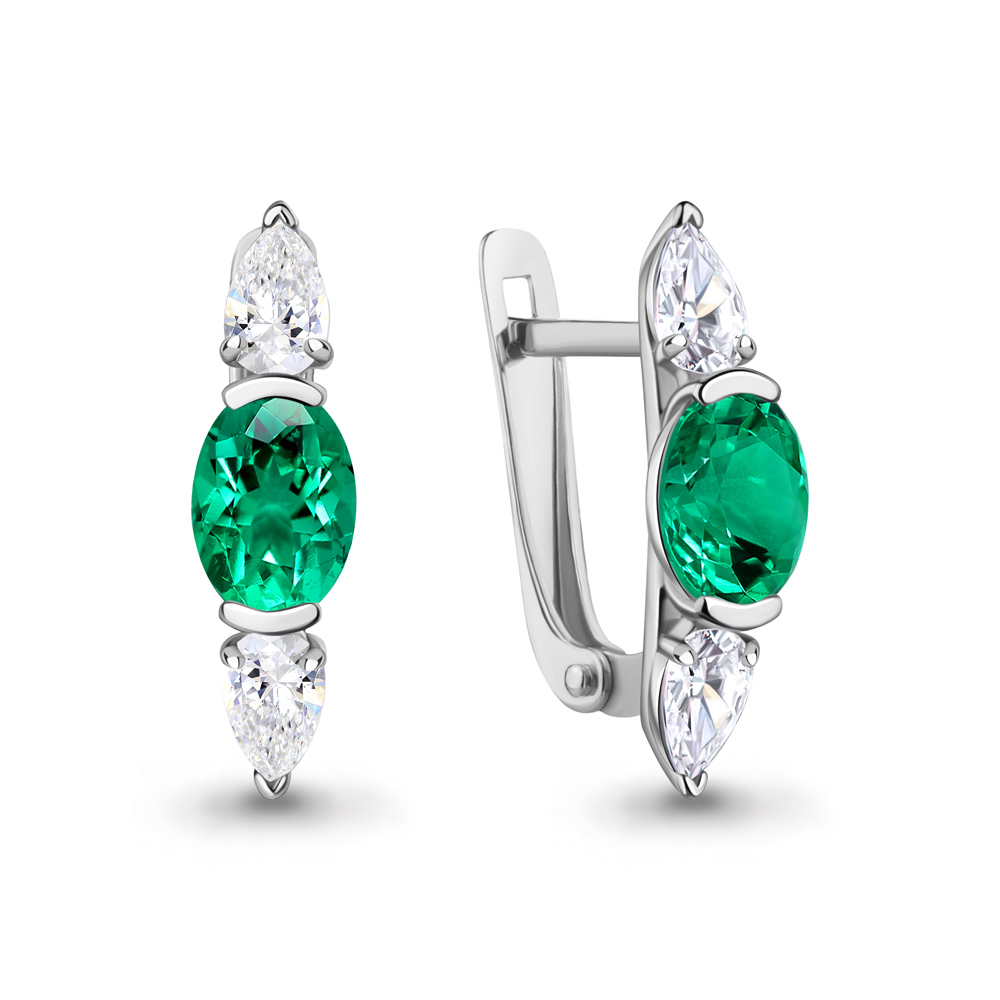 400768П Серьги из Серебра с наноизумрудами, фианитами