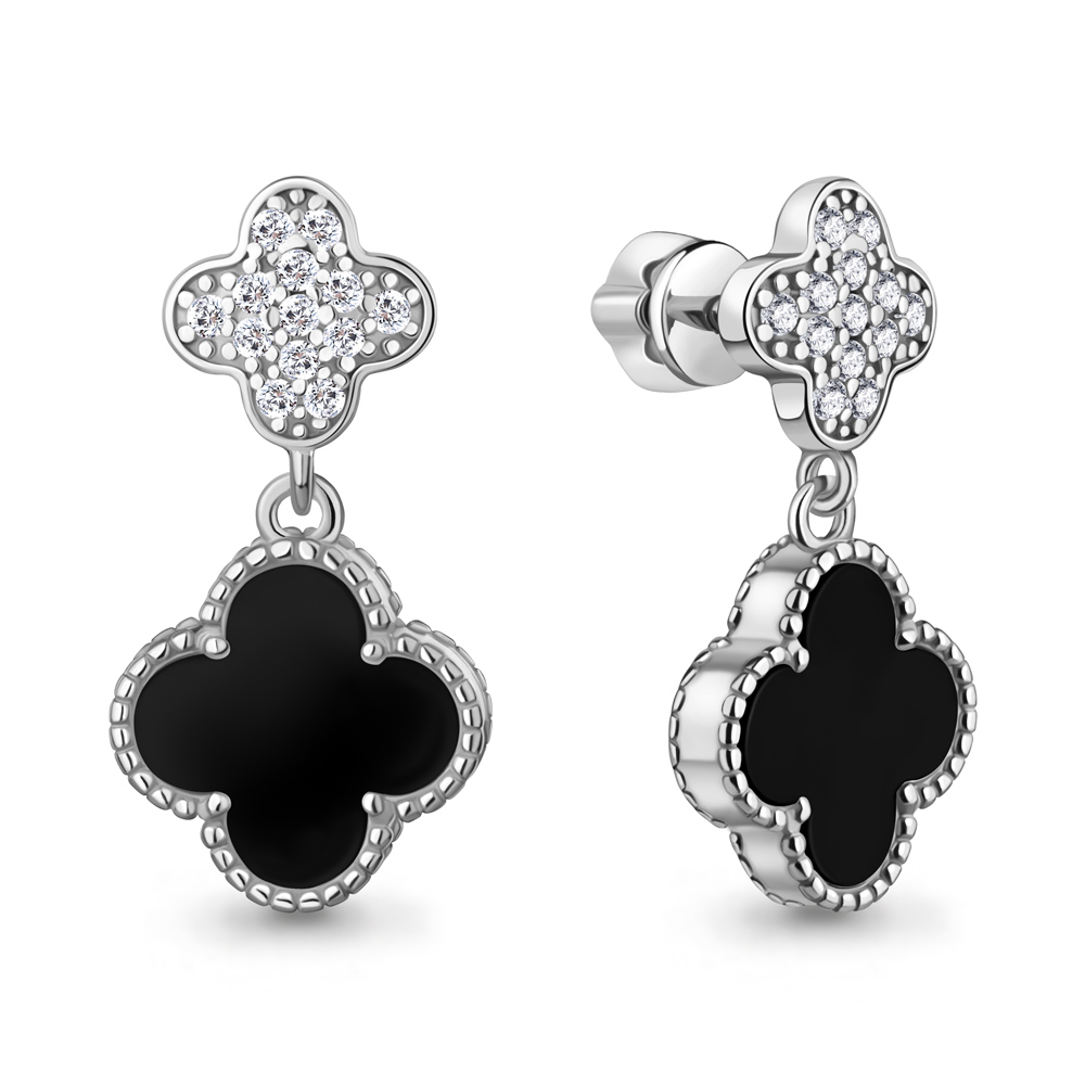 400811А Серьги из Серебра с ониксами черными, фианитами