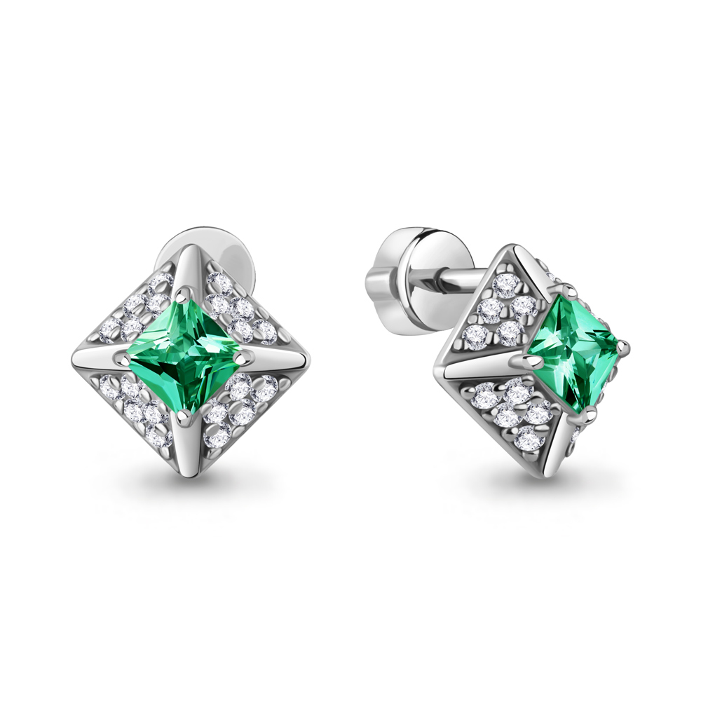 400966АГ Серьги из Серебра с наноизумрудами, фианитами