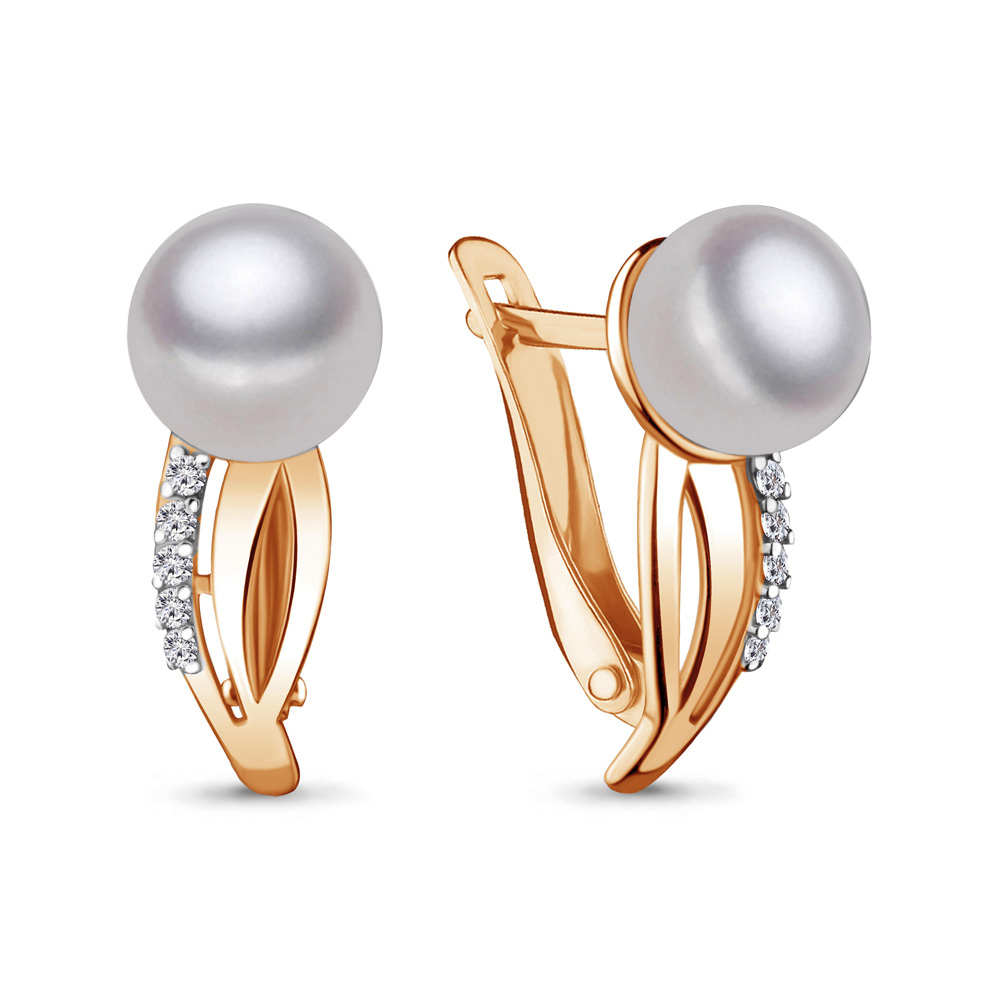 41122А Серьги из Золота с культ. жемчугом  аа, фианитами