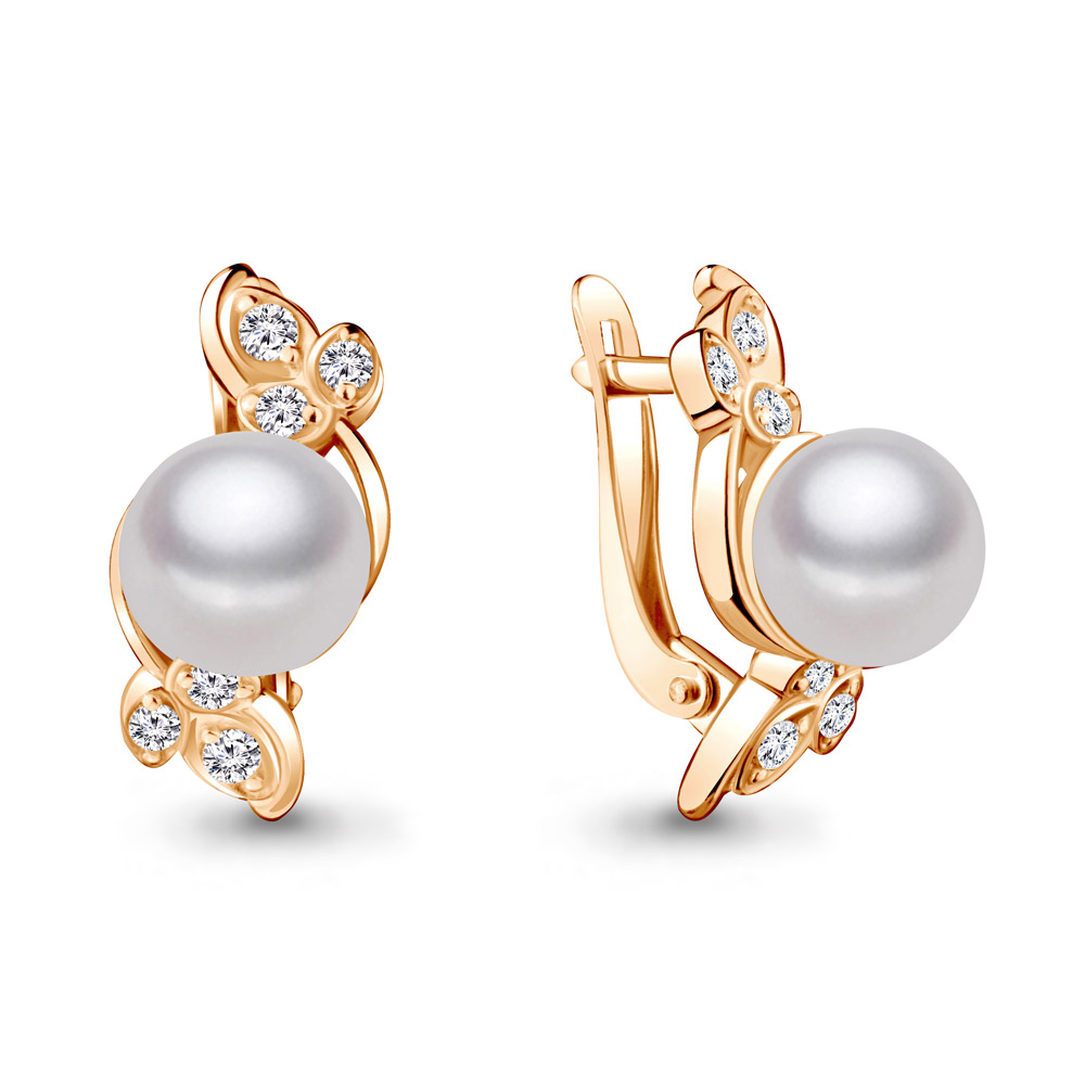 41128А Серьги из Золота с культ. жемчугом  аа, фианитами