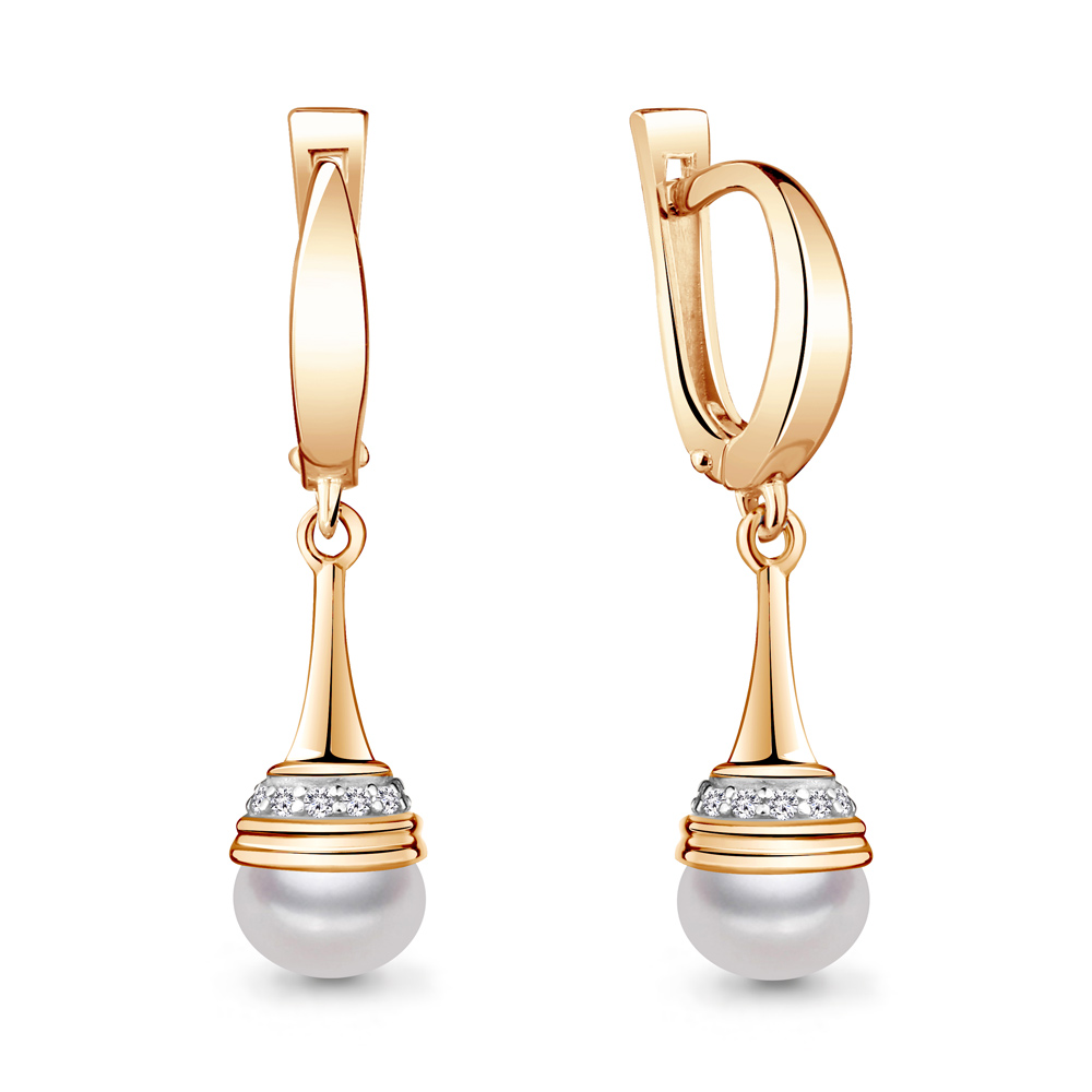 42246А Серьги из Золота с культ. жемчугом  аа, фианитами