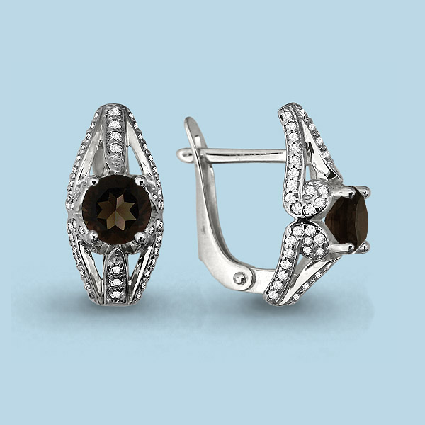 4297201А Серьги из Серебра с кварцами дымчатыми, фианитами