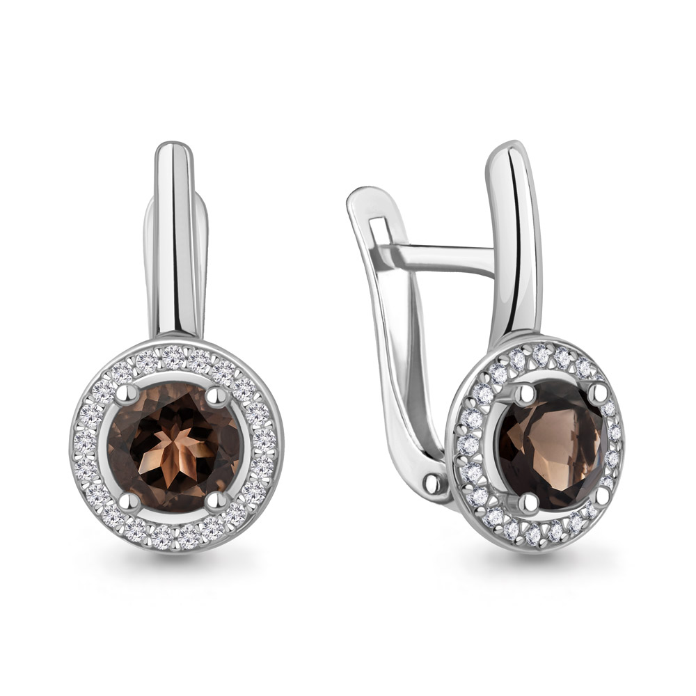 4298301А Серьги из Серебра с кварцами дымчатыми, фианитами
