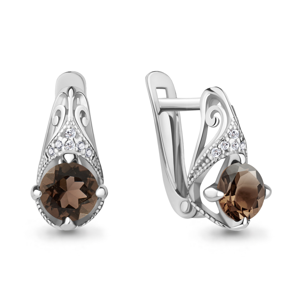 4298401А Серьги из Серебра с кварцами дымчатыми, фианитами