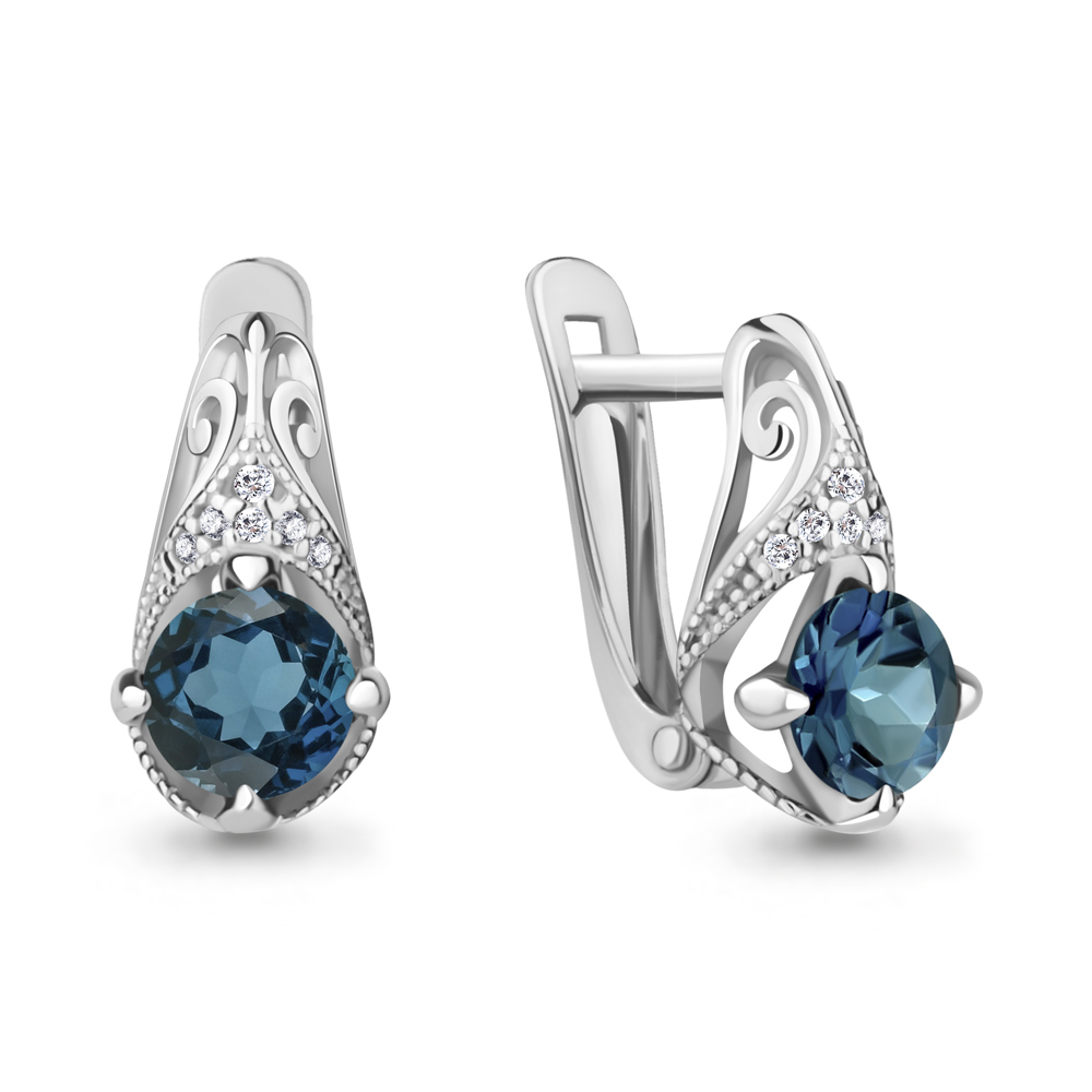 4298408А Серьги из Серебра с топазами лондон блю, фианитами