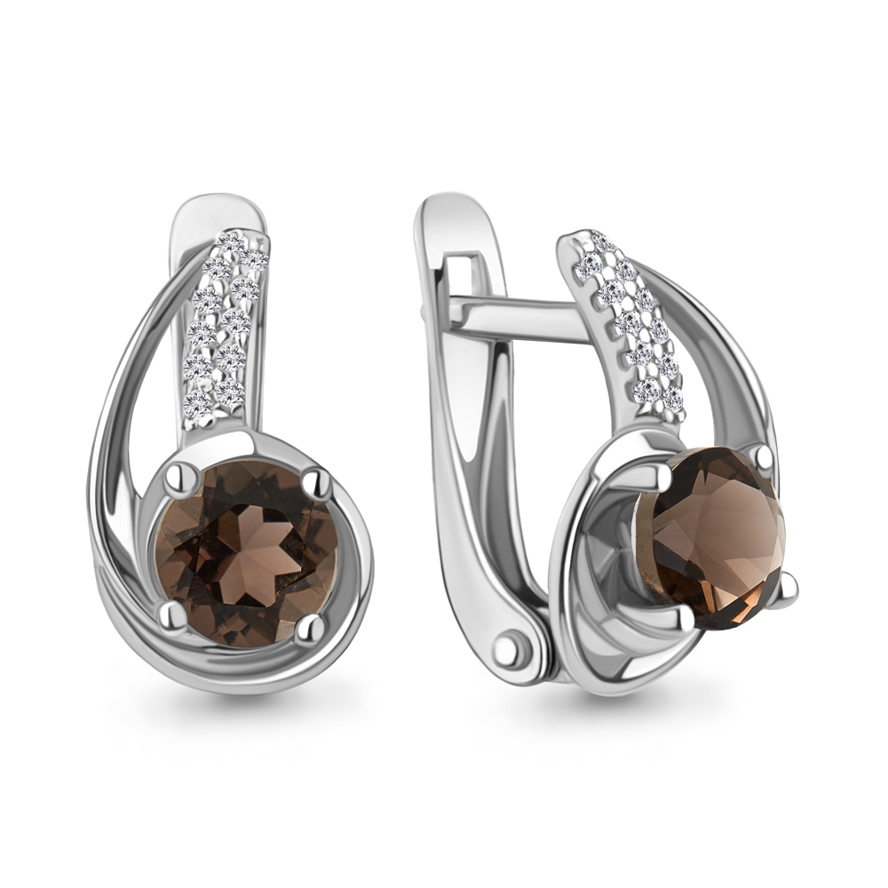 4298501А Серьги из Серебра с кварцами дымчатыми, фианитами