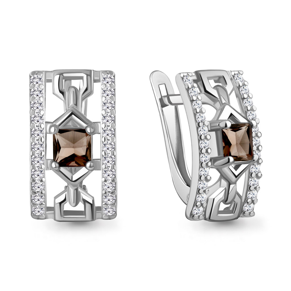 4320601А Серьги из Серебра с кварцами дымчатыми, фианитами