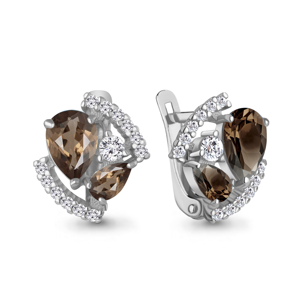 4320801А Серьги из Серебра с кварцами дымчатыми, фианитами