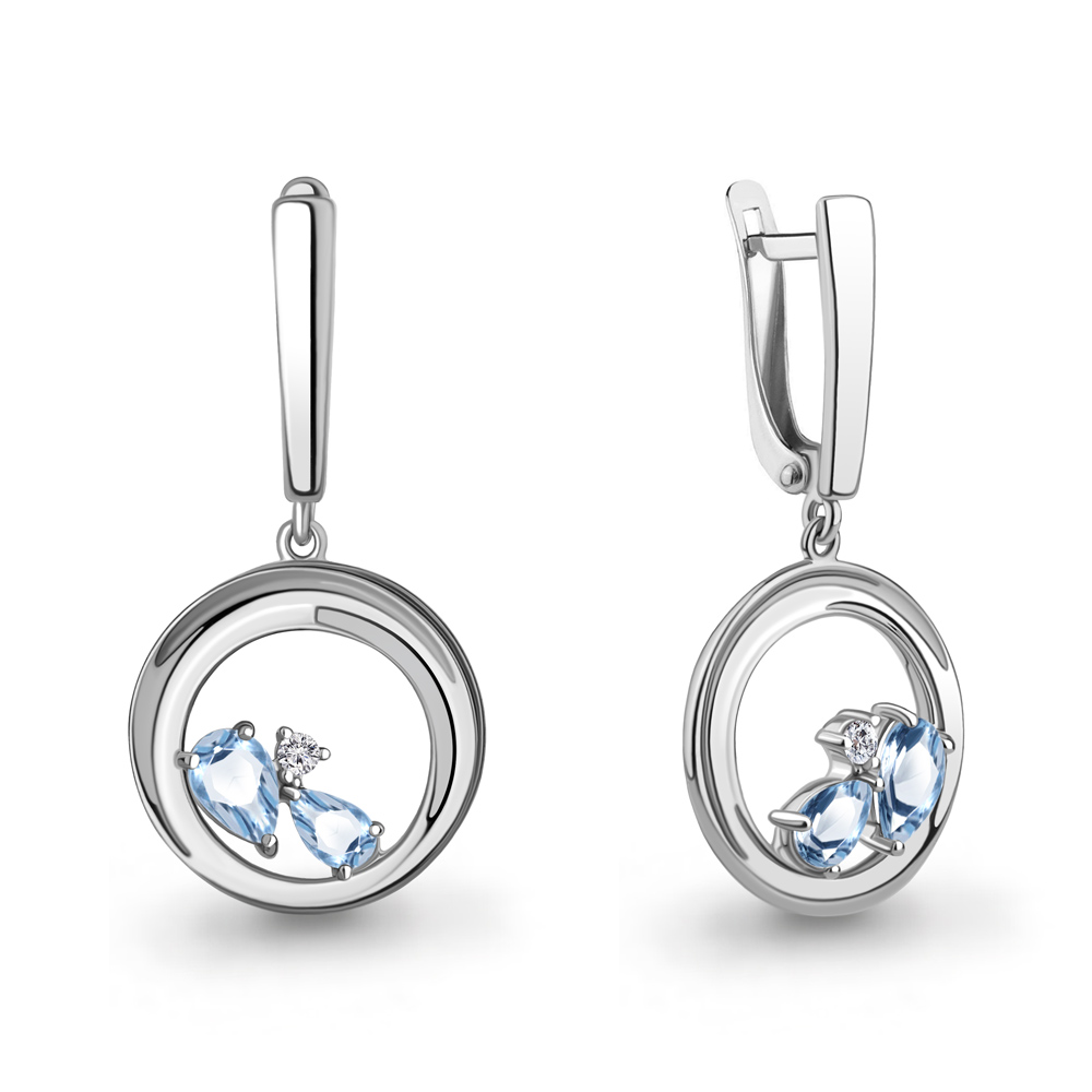 4323305А Серьги из Серебра с топазами свисс блю, фианитами