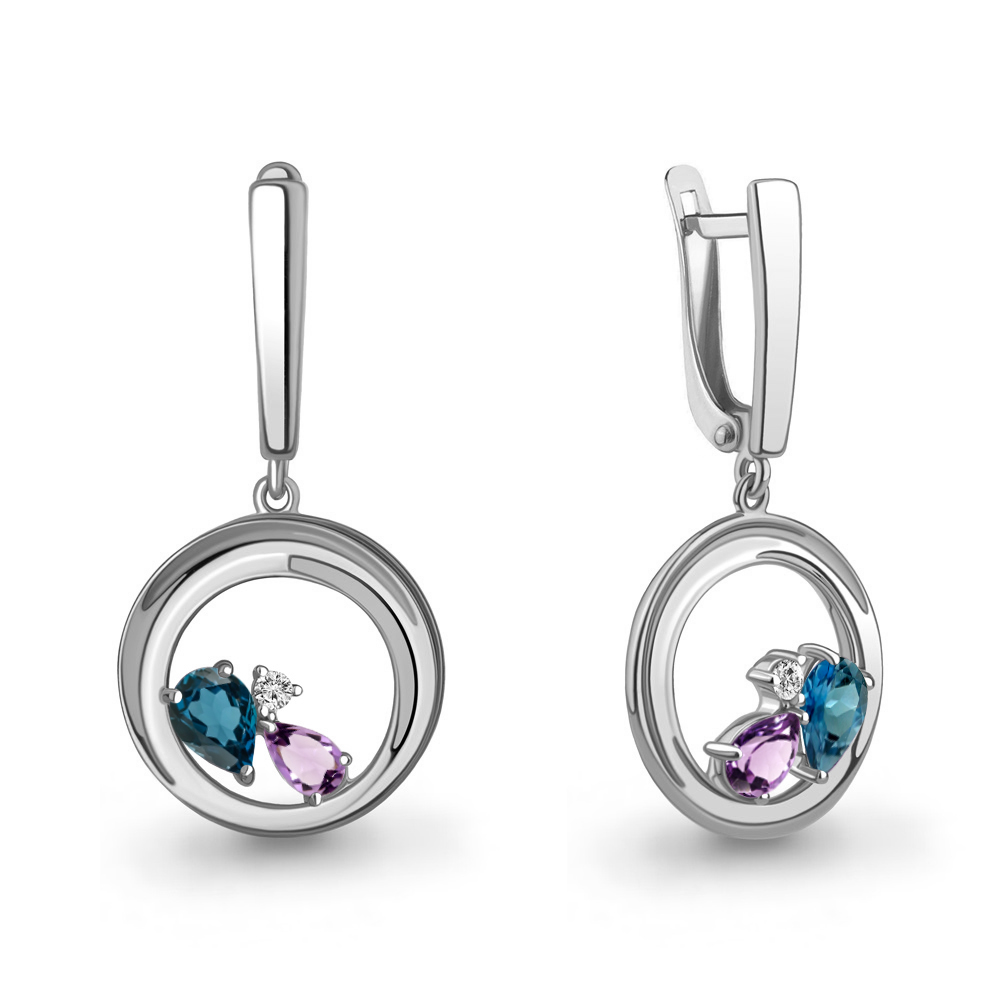 4323332А Серьги из Серебра с аметистами, топазами лондон блю, фианитами