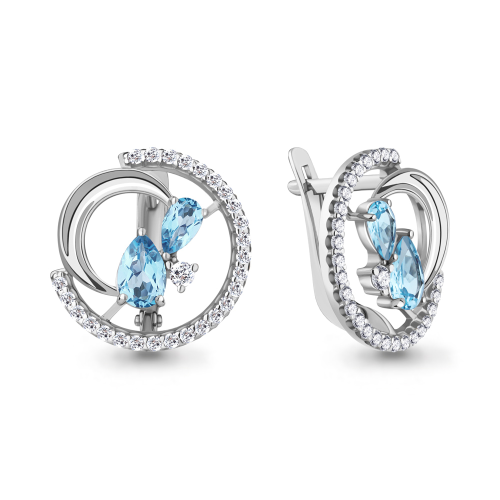 4323405А Серьги из Серебра с топазами свисс блю, фианитами