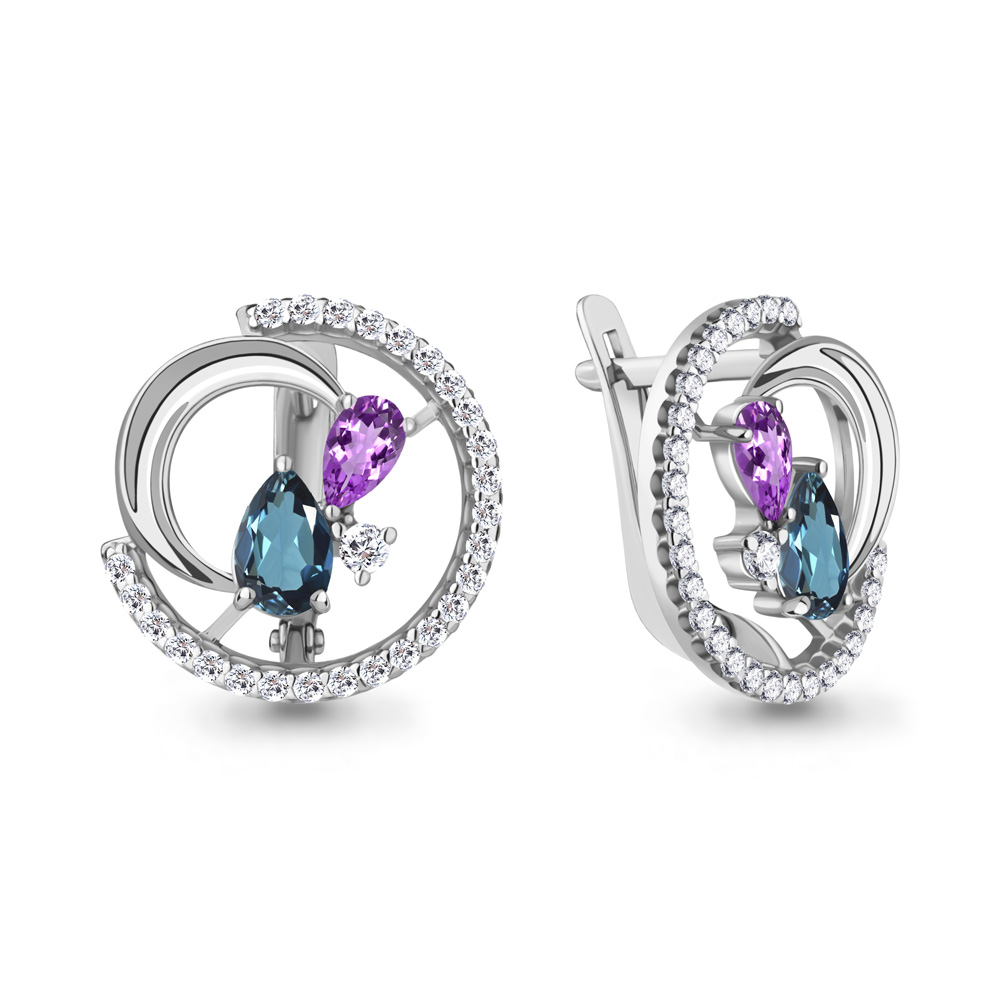 4323432А Серьги из Серебра с аметистами, топазами лондон блю, фианитами