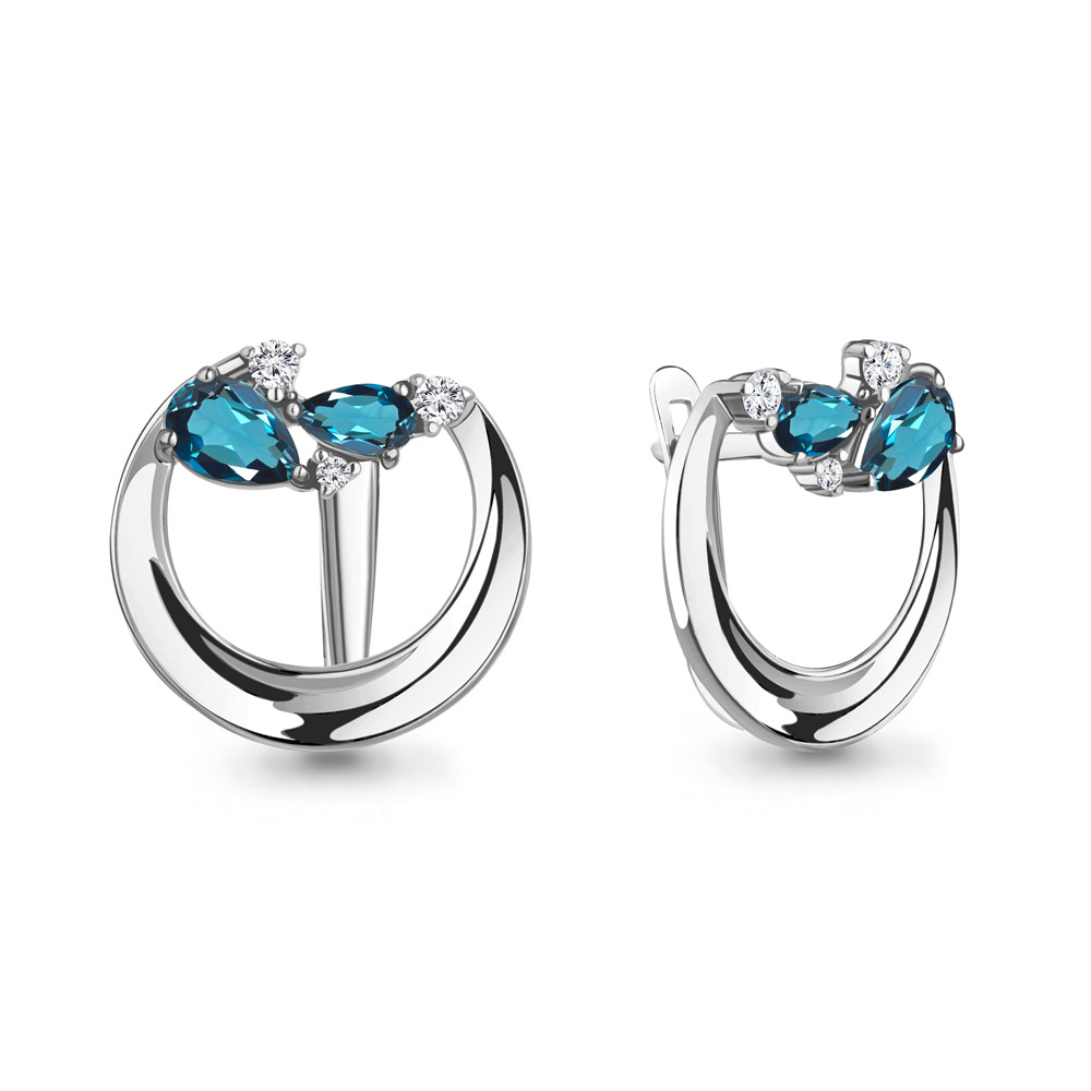 4323608А Серьги из Серебра с топазами лондон блю, фианитами
