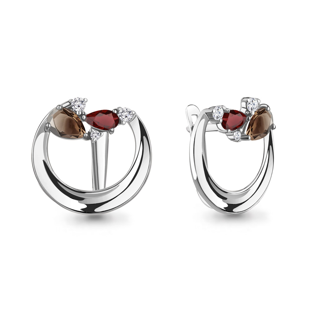 4323636А Серьги из Серебра с гранатами, кварцами дымчатыми, фианитами